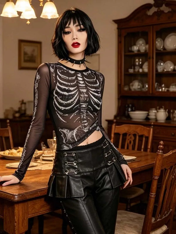 Morticia Skeleton Print Sheer Mesh Long-Sleeve Top One-piece
