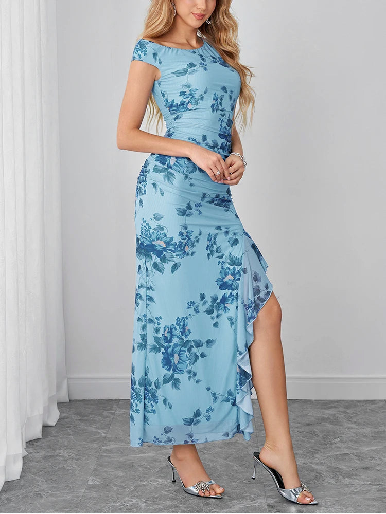 Samara Blue Floral Mesh Ruffle Maxi Dress