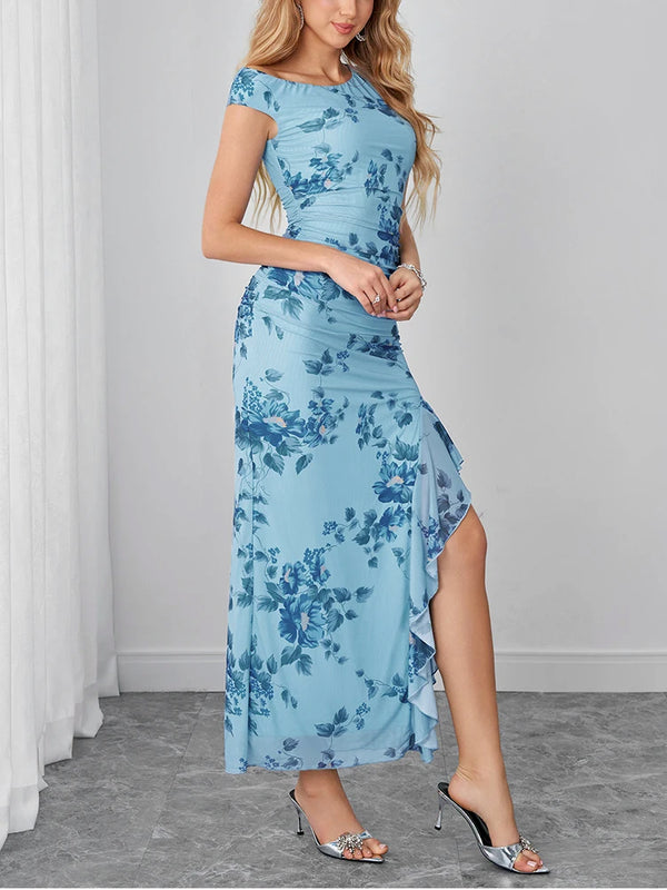 Samara Blue Floral Mesh Ruffle Maxi Dress