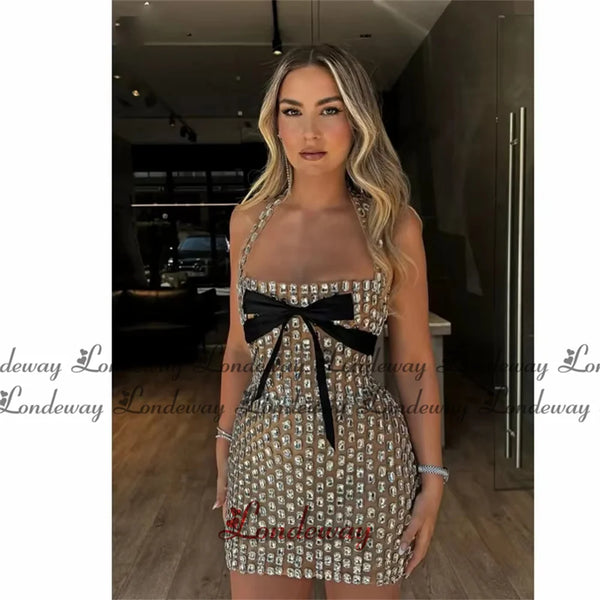 Brigitta Crystal Rhinestone Bow Halter Bodycon Mini Dress