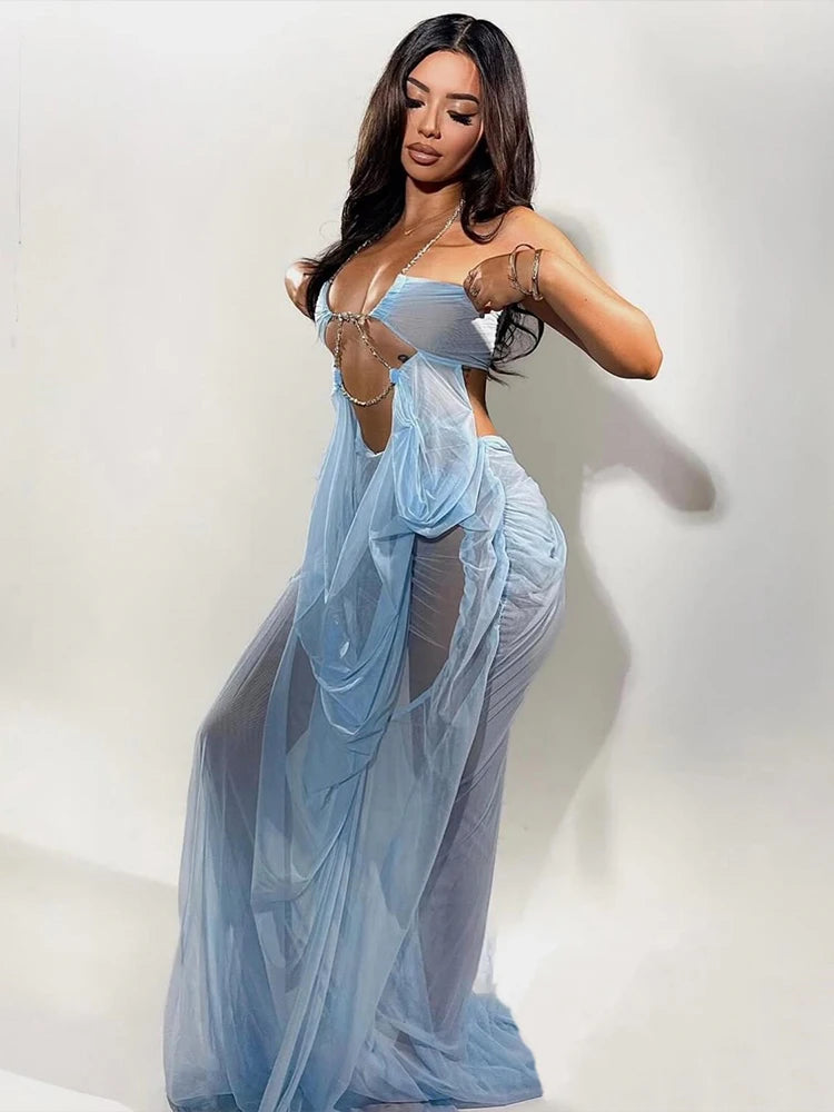 Kira Chain-Halter Mesh Maxi Dress