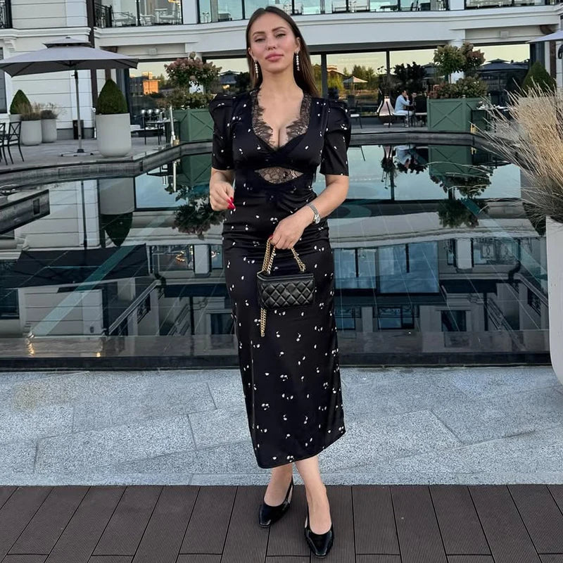Thomasina Lace-Trim Cutout Puff-Sleeve Print Midi Dress