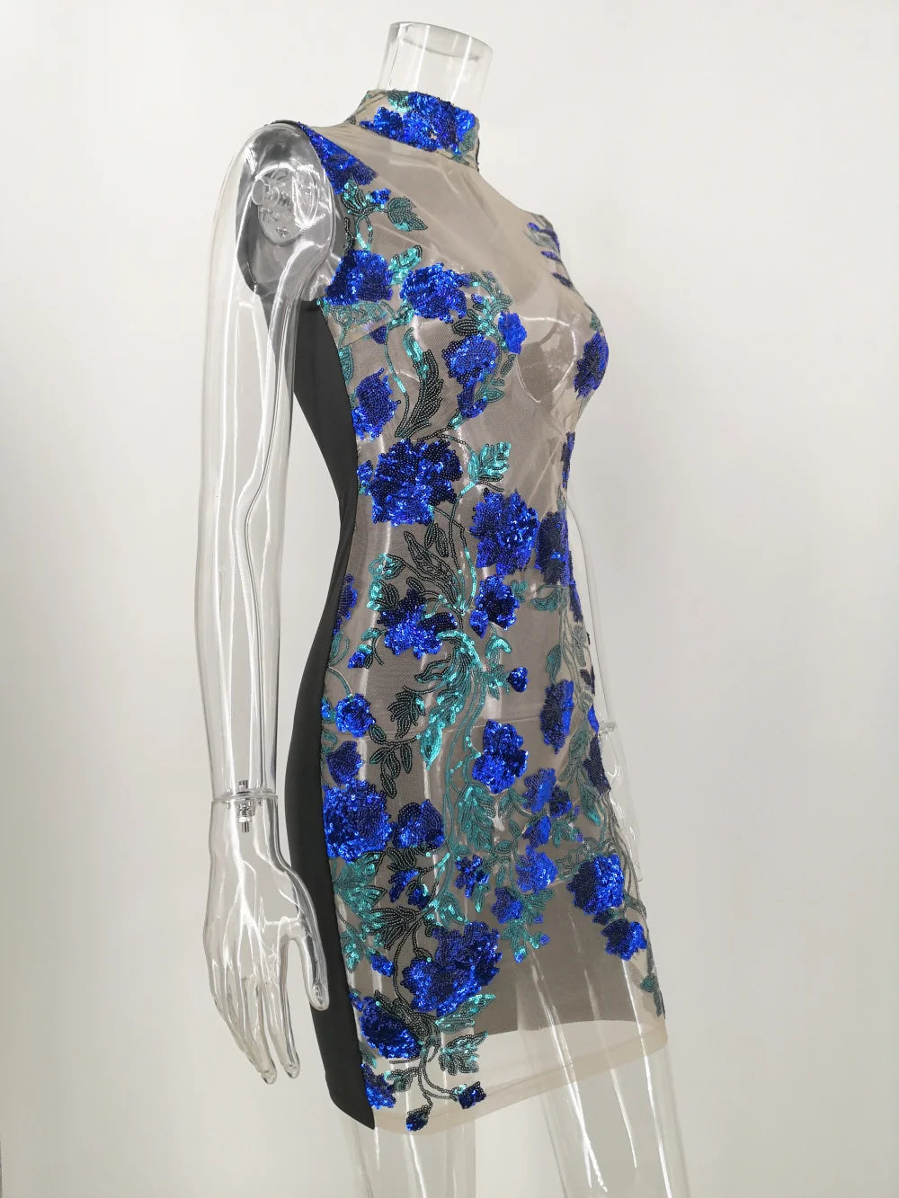 Iseult Sheer Mesh Floral Sequin Plunge Bodycon Mini Dress