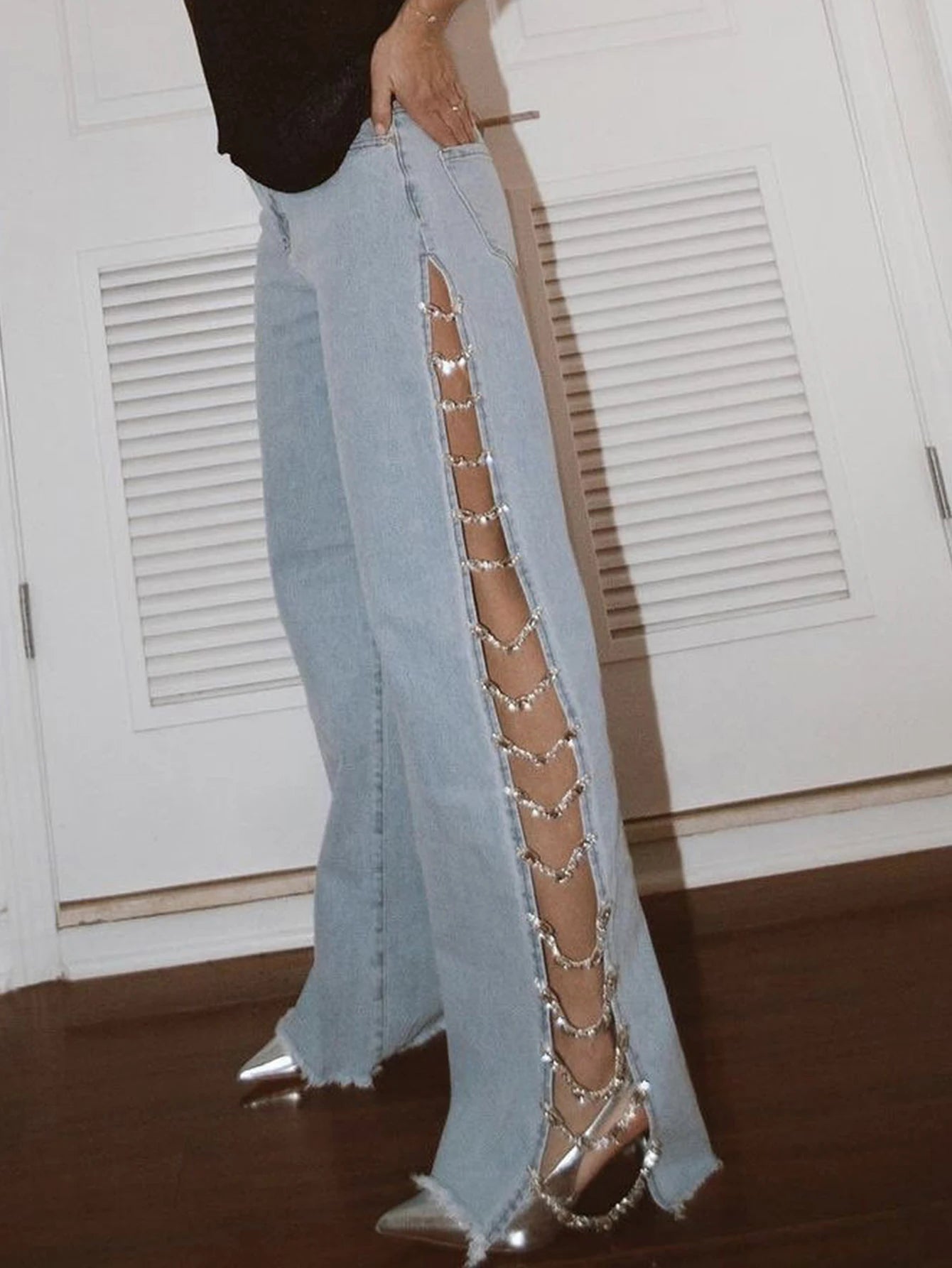 Jessamine Rhinestone Cutout Wide-Leg Jeans One-piece