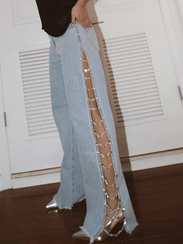 Jessamine Rhinestone Cutout Wide-Leg Jeans One-piece