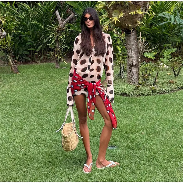 Fashion Printed Detachable Scarf Shirt Dress Women Flare Sleeve Single Breasted Mini Dresses 2026 Summer New Lady Vacation Wear