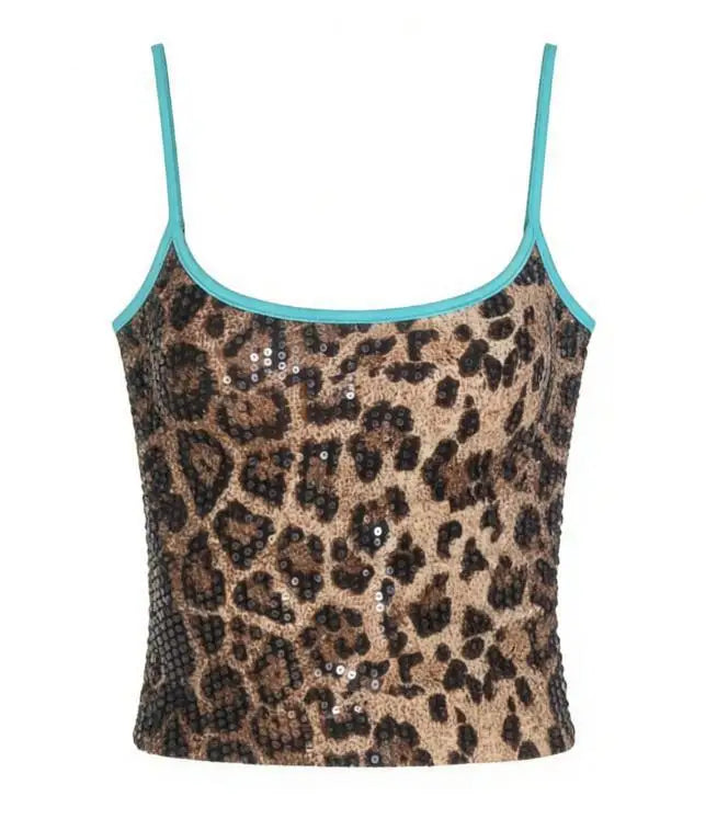 Y2K Spicy Girl Style Leopard Print Sequin Contrasting Camisole Fashionable Aesthetics Sexy Slim Sleeveless Vest Women's Clothing