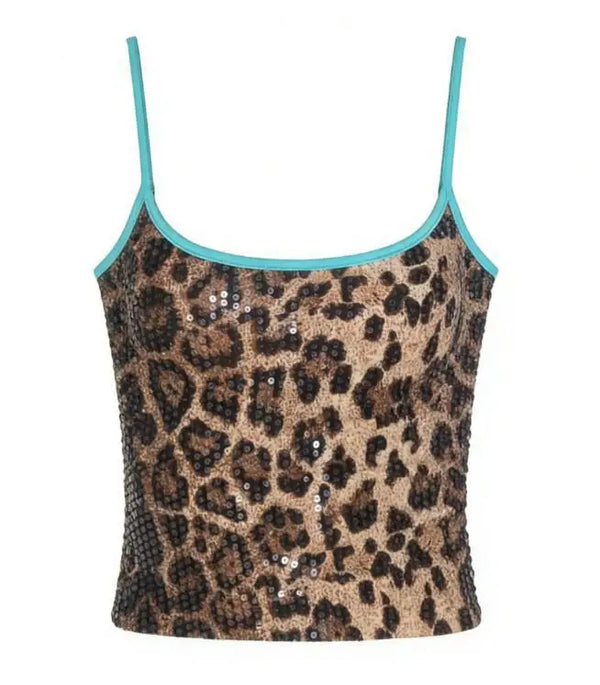 Y2K Spicy Girl Style Leopard Print Sequin Contrasting Camisole Fashionable Aesthetics Sexy Slim Sleeveless Vest Women's Clothing