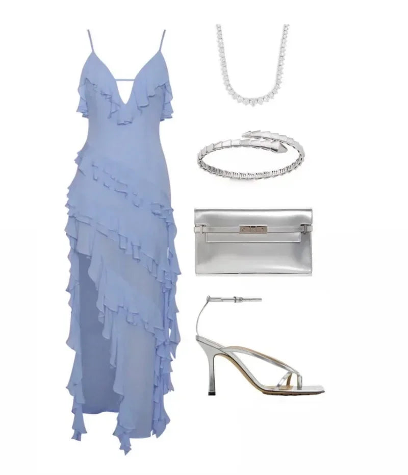 Skye Blue Ruffle Asymmetrical Midi Dress