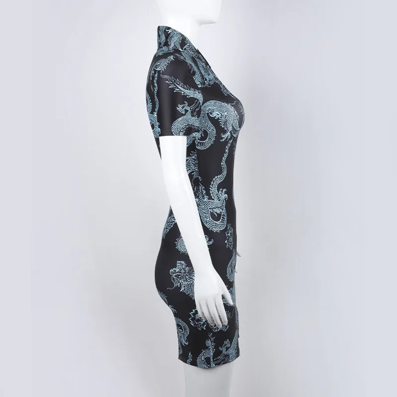 Xiaolan Dragon Print Keyhole Mandarin-Collar Qipao Bodycon Mini Dress