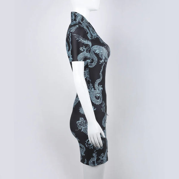 Xiaolan Dragon Print Keyhole Mandarin-Collar Qipao Bodycon Mini Dress