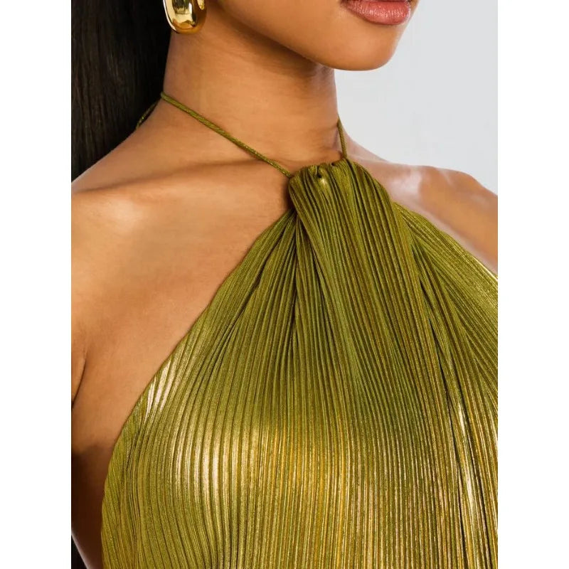 Alina Gold Pleated Halter Maxi Dress