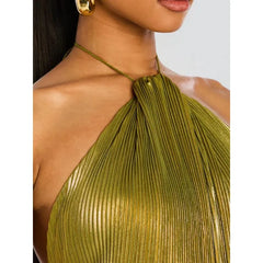 Alina Gold Pleated Halter Maxi Dress