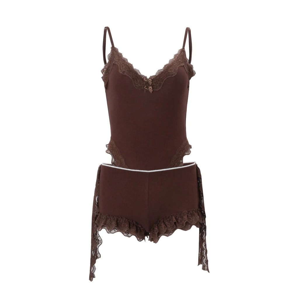 Talia Lace-Trim Bodysuit & Shorts Set Two-piece