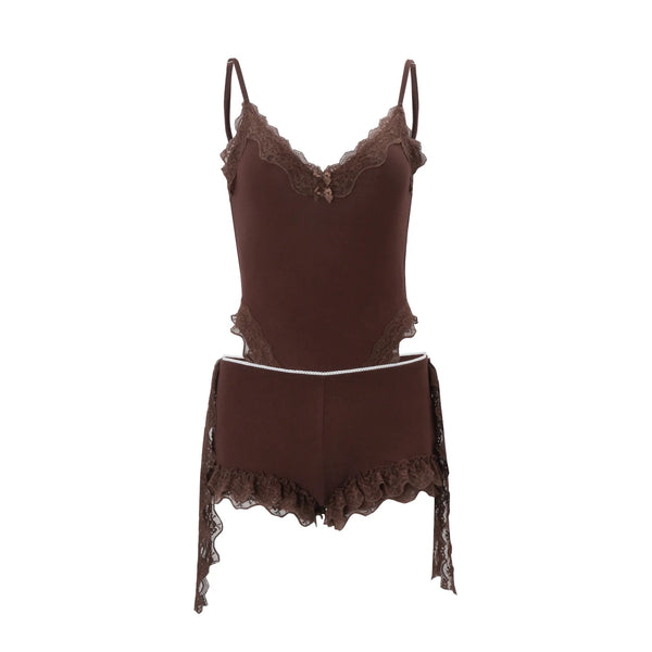 Talia Lace-Trim Bodysuit & Shorts Set Two-piece
