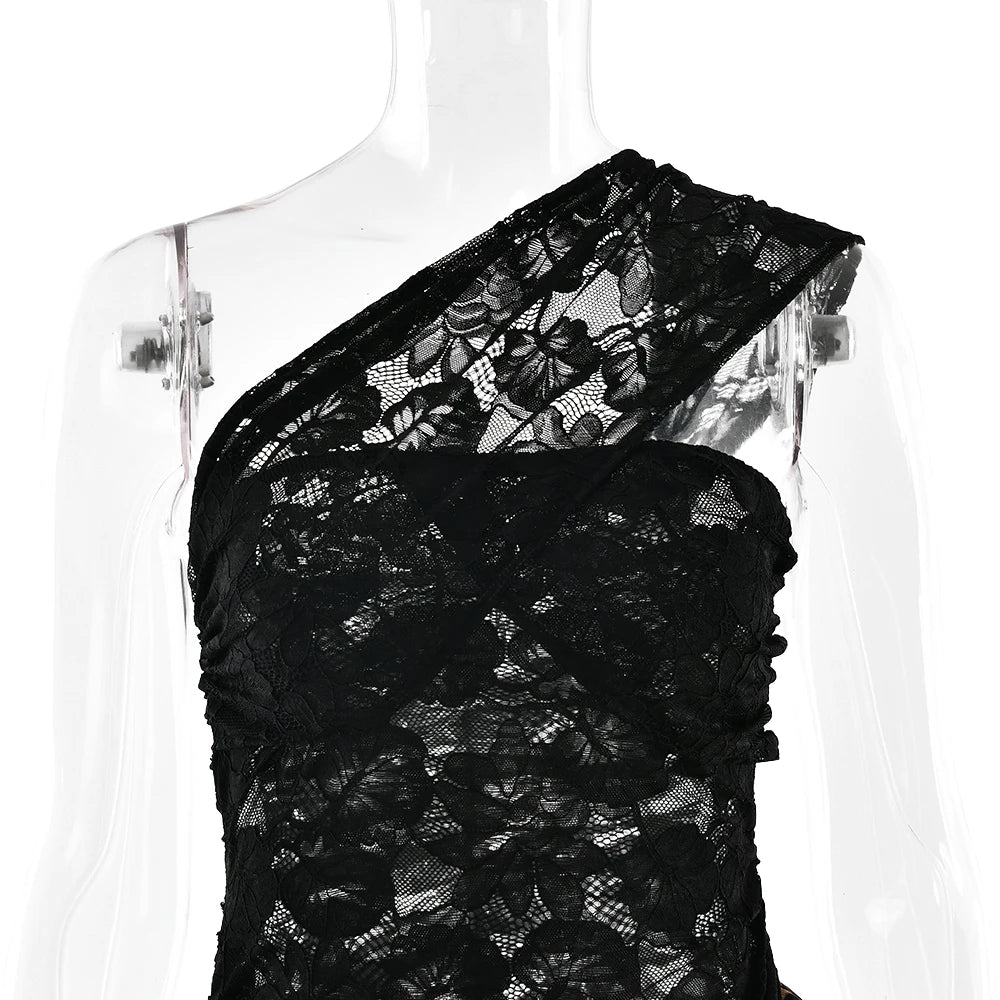 Amaranta Sheer Lace & Leopard One-Shoulder Ruffle Dress