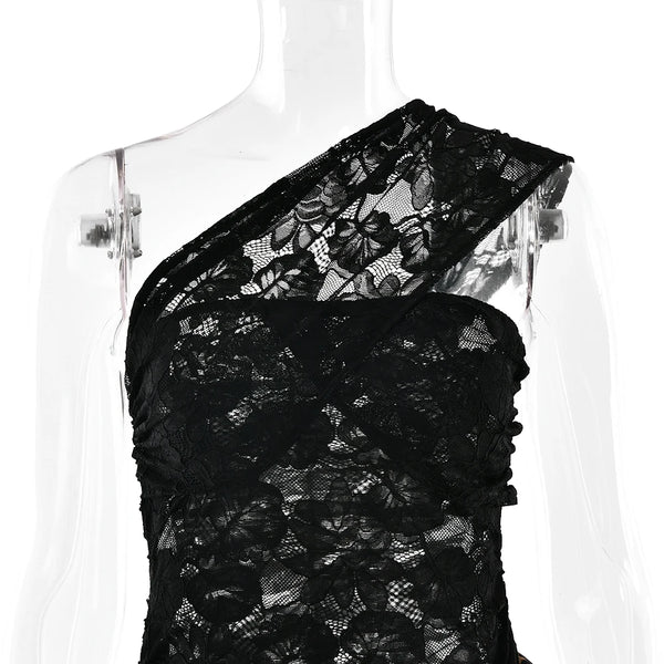 Amaranta Sheer Lace & Leopard One-Shoulder Ruffle Dress