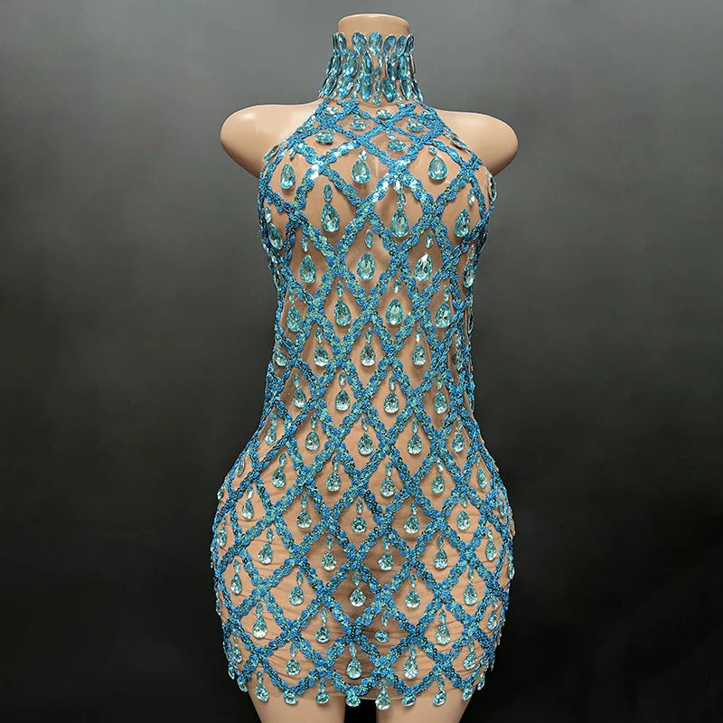 Selena Crystal Sheer Bodycon Halter Mini Dress