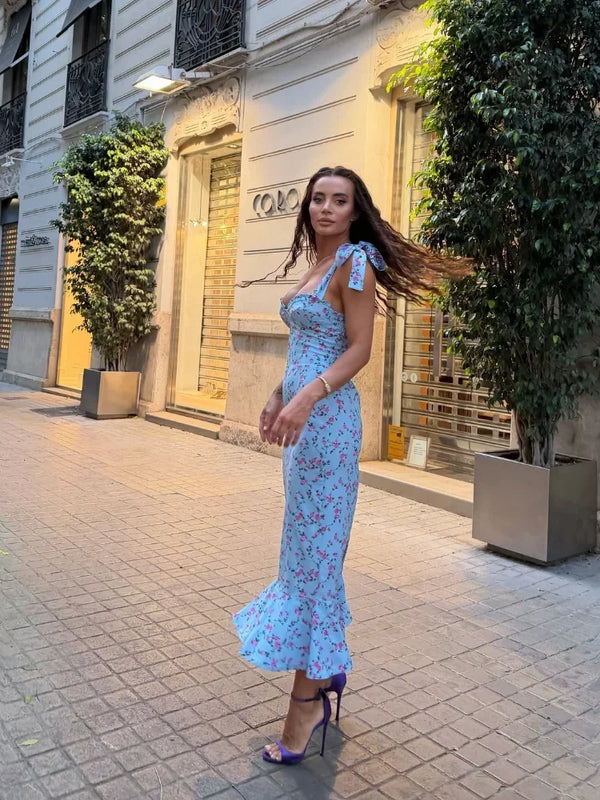 Delphine Floral Tie-Strap Bodycon Midi Dress