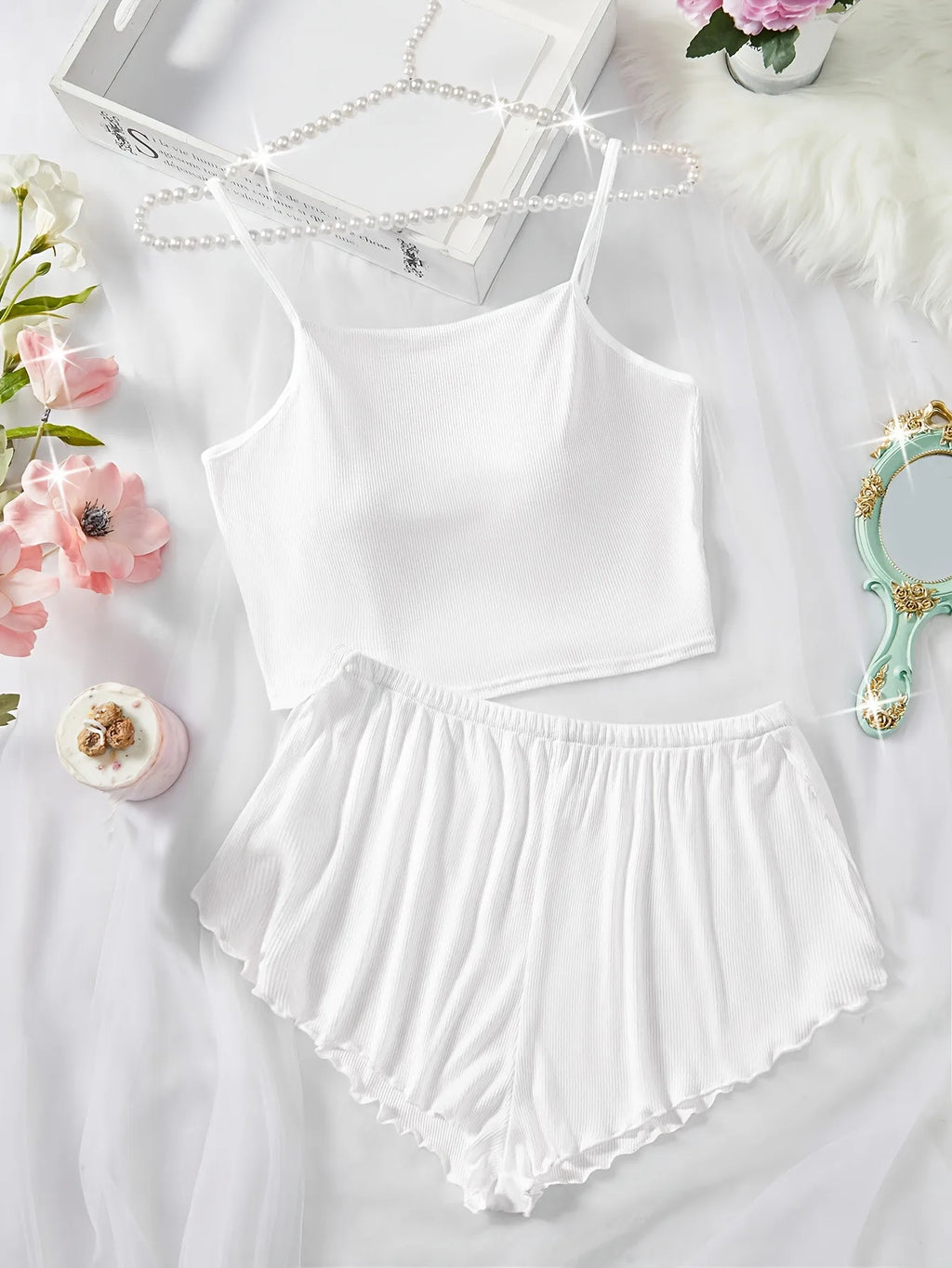 Pernilla Ribbed Cami & Ruffle-Trim Shorts Pajama Set Two-piece