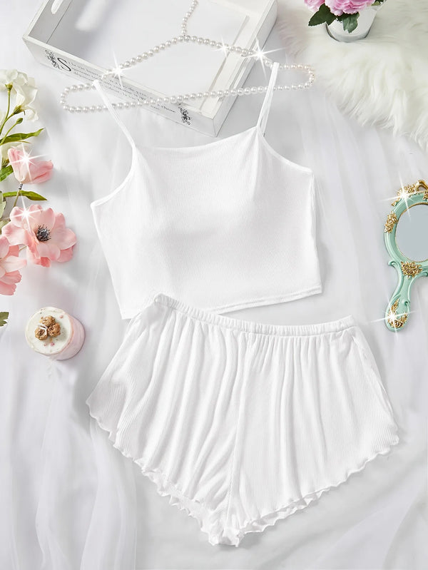Pernilla Ribbed Cami & Ruffle-Trim Shorts Pajama Set Two-piece