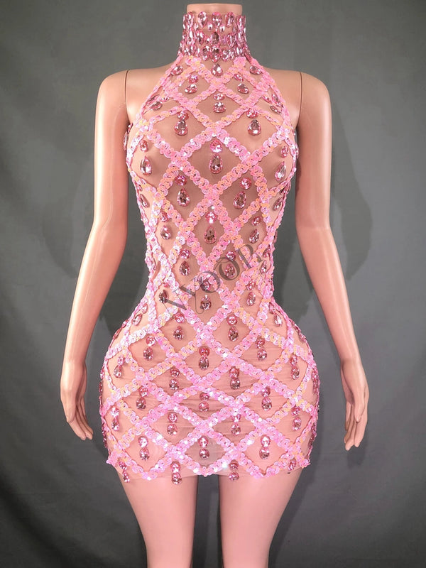Adara Crystal Sequin Sheer Performance Mini Dress