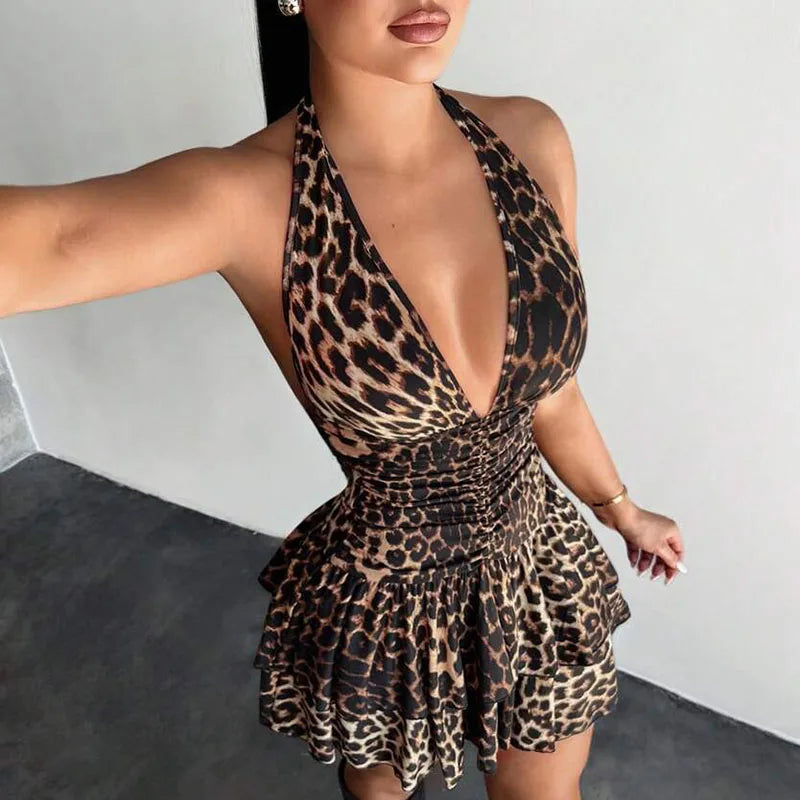 Yesenia Leopard Halter Plunge Ruffle Mini Dress