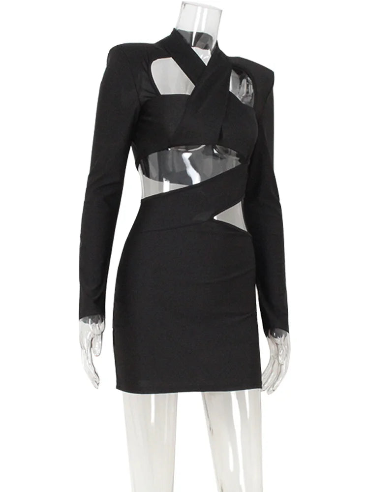 Eluned Cutout V-Neck Long-Sleeve Bodycon Mini Dress