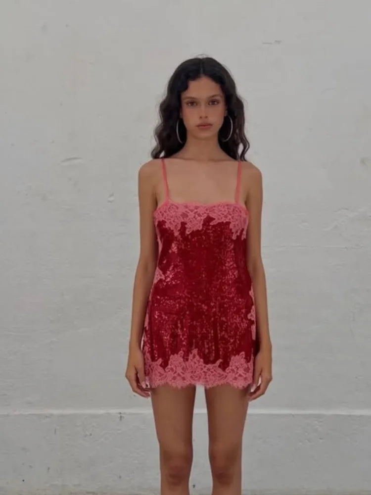 Rosette Sequin Lace-Trim Mini Dress