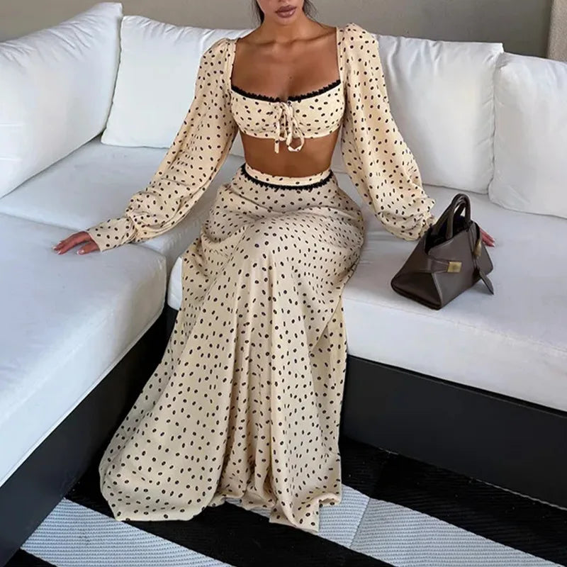 Hortense Ditsy Floral Lantern-Sleeve Lace-Trim Crop Top & Maxi Skirt Two-piece