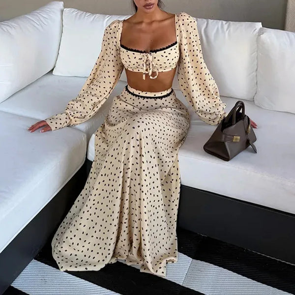 Hortense Ditsy Floral Lantern-Sleeve Lace-Trim Crop Top & Maxi Skirt Two-piece