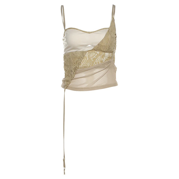 Camila Mocha Lace Spaghetti Strap Sheer Wrap Crop Top