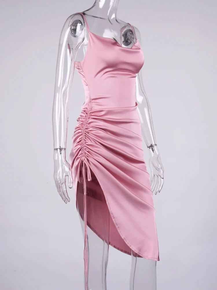 Calista Satin Cowl-Neck Ruched Midi Dress