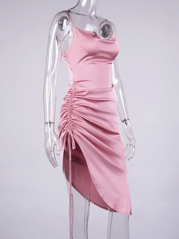 Calista Satin Cowl-Neck Ruched Midi Dress