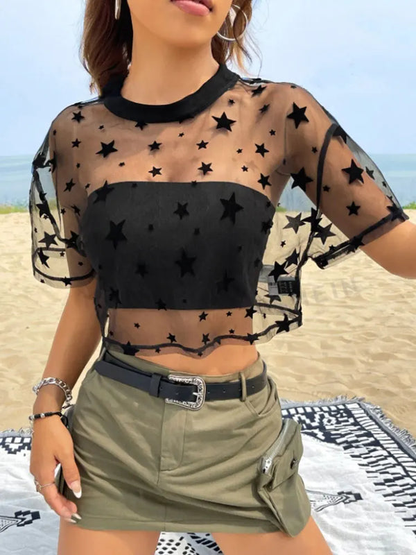 Stella Star-Embroidered Sheer Mesh Crop Top One-piece