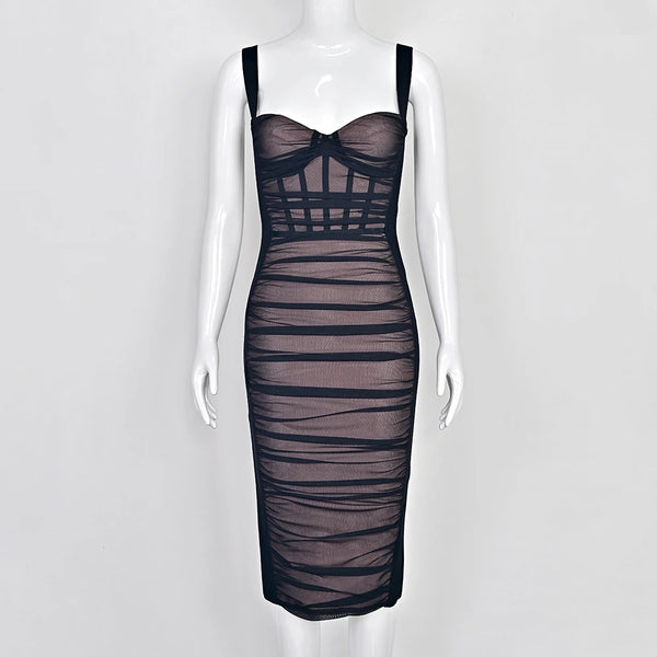 BEAUKEY Sexy Vintage Black Bandage Dress 2025 For Women Summer Draped Spaghetti Split Contrast Bodycon Dress XL Paded Vestido