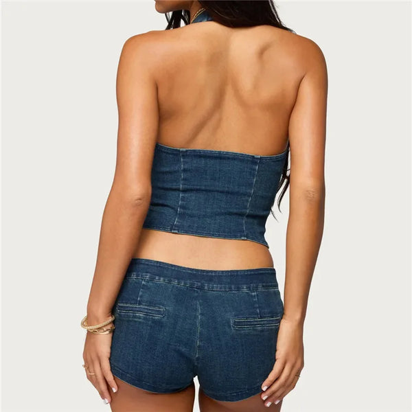 hirigin Women Y2K Retro Denim 2 Piece Outfit Halter Neck Crop Top + Low Waist Shorts Set Casual Summer Streetwear Matching Set