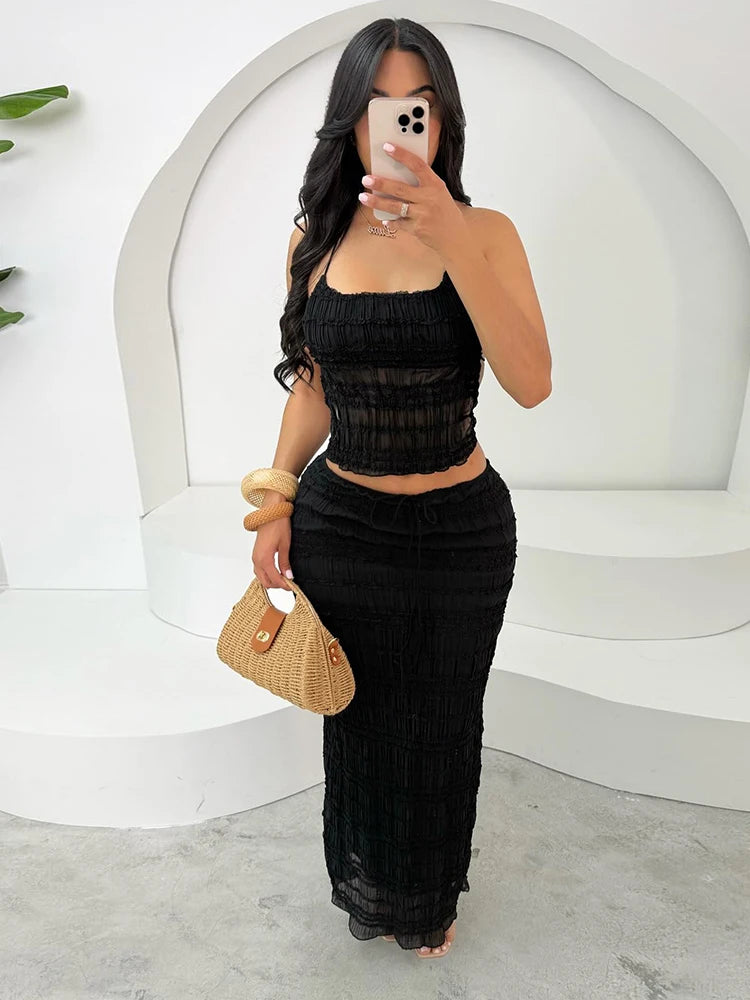 Oksana Sheer Crinkle Mesh Halter Lace-Up Crop Top & Maxi Skirt Two-piece