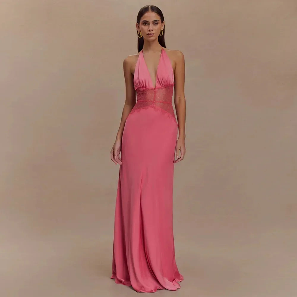 Pervinca Lace-Panel Satin Plunge Halter Backless Maxi Dress