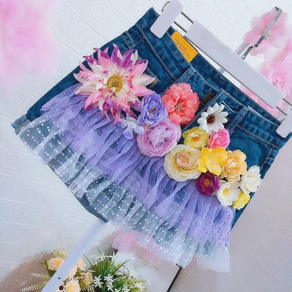 Flora 3D Floral Denim Shorts Apparel One-piece