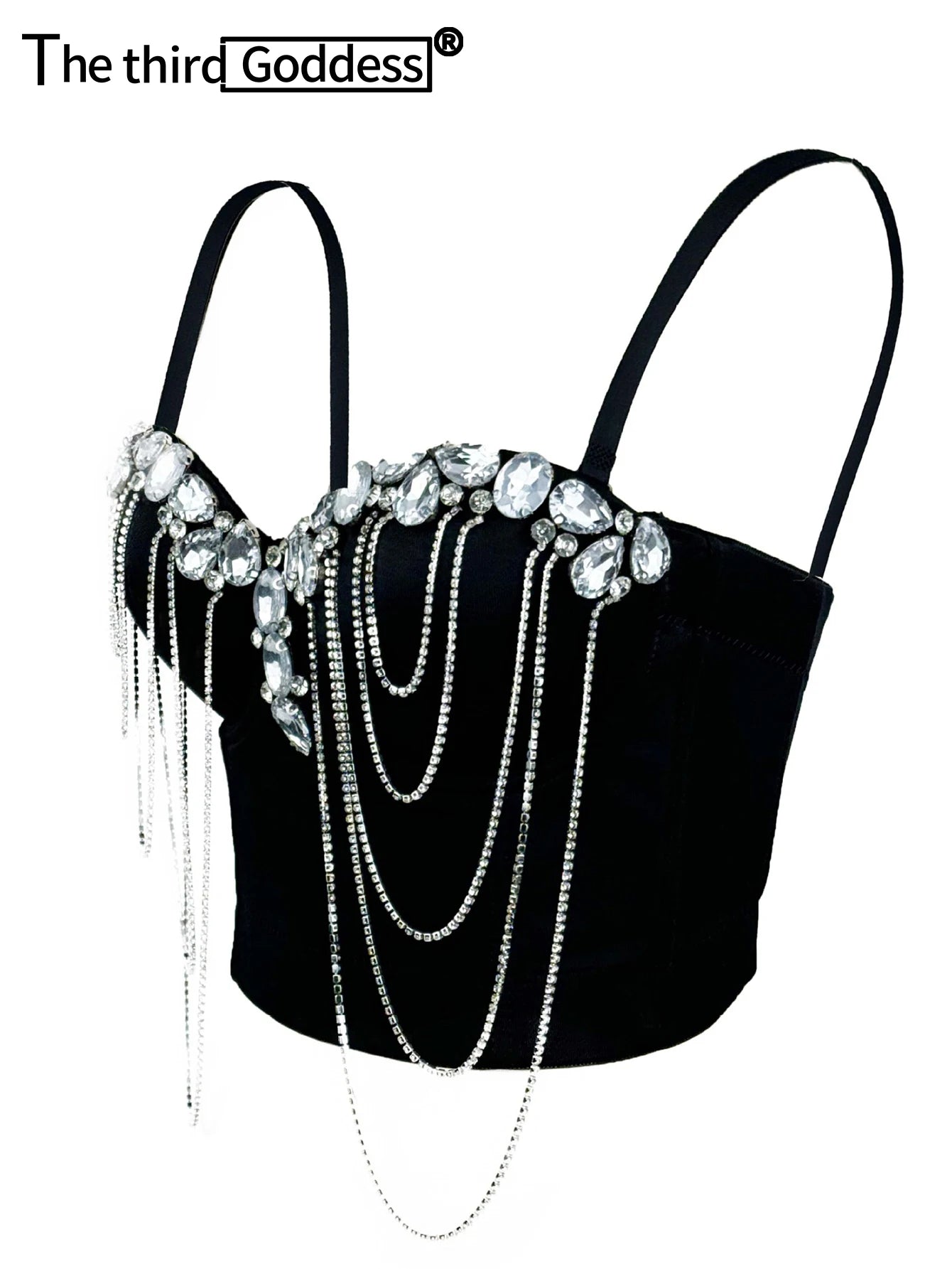 Sexy black white chain rhinestone corset crop top women summer club party halter tank top streetwear bustier cropped tube tops