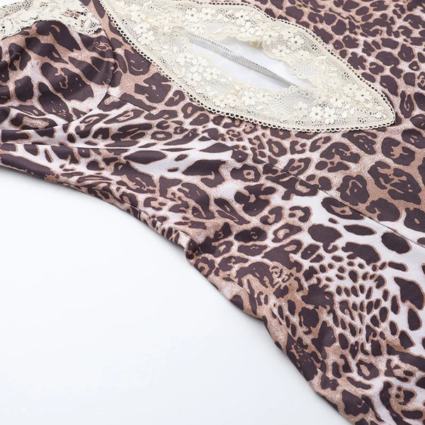 Vionette Leopard Lace-Trim Cutout Maxi Dress