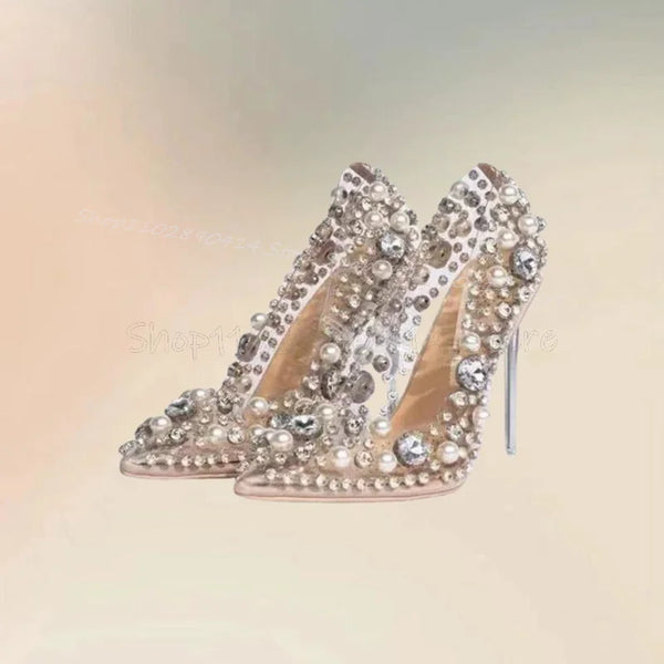 Pearl Rhinestone Decor PVC Pointed Toe Pumps Slip On Women Shoes Thin High Heels Fashion Party Banquet 2024 Zapatos Para Mujere