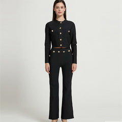 New  Autumn Casual Women Bandage 2 Two Pieces Sets Sexy Long Sleeve Button Coat &amp; Full Pants Black O Neck Club Party Set