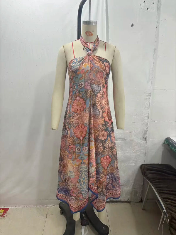 Solana Printed Halter Asymmetric Maxi Dress