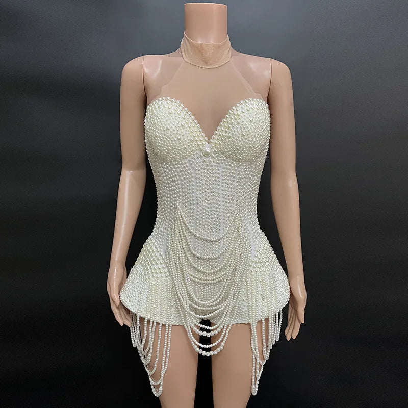 Odette Pearl-Embellished White Mini Dress