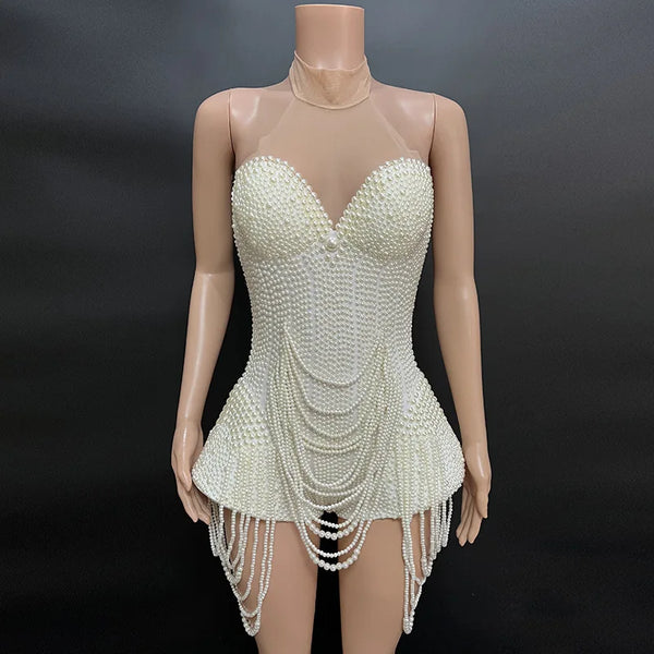 Odette Pearl-Embellished White Mini Dress