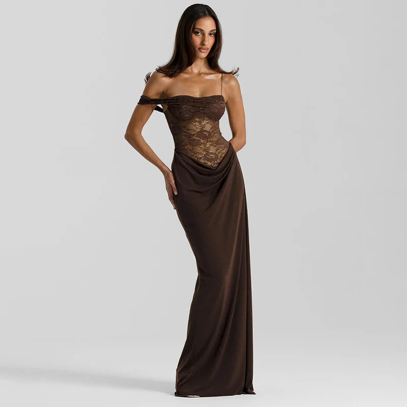 Valentina Cocoa Lace Draped Maxi Dress