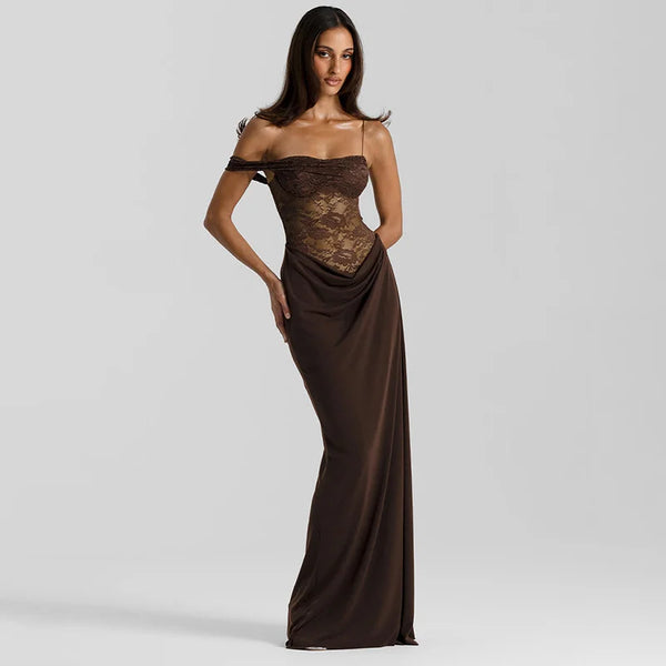 Valentina Cocoa Lace Draped Maxi Dress