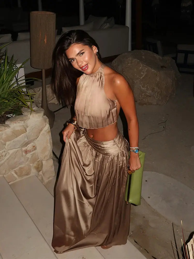 Pilar Lace-Up Halter Crop Top & Pleated Maxi Skirt Two-piece